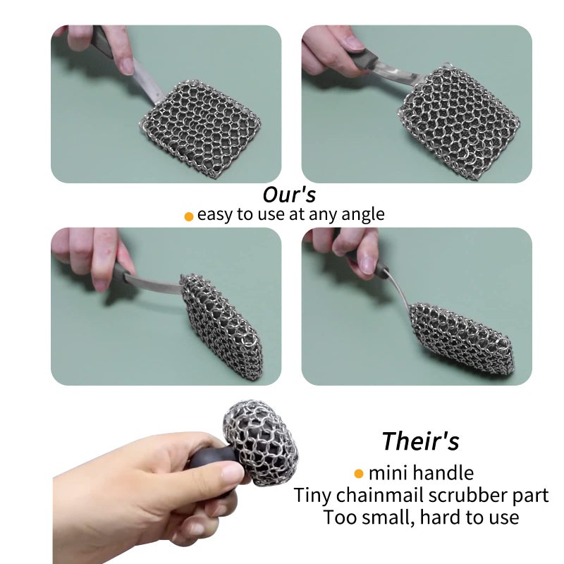 Herda Cast Iron Scrubber Brush with Handle Cast Iron Cleaner Chainmail Scrubber + Pan Scraper, 316 Chain Maille to Clean Pan Pot Skillet Grill Griddle Metal Scrub Wok Scrub Carbon Dutch Oven Carbon Cleaning - Image 4